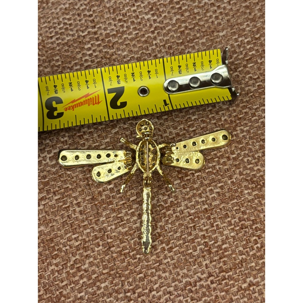 Gold Tone Rhinestone Dragonfly Brooch Vintage Style Insect Pin Crystal Jewelry - Picture 4 of 5